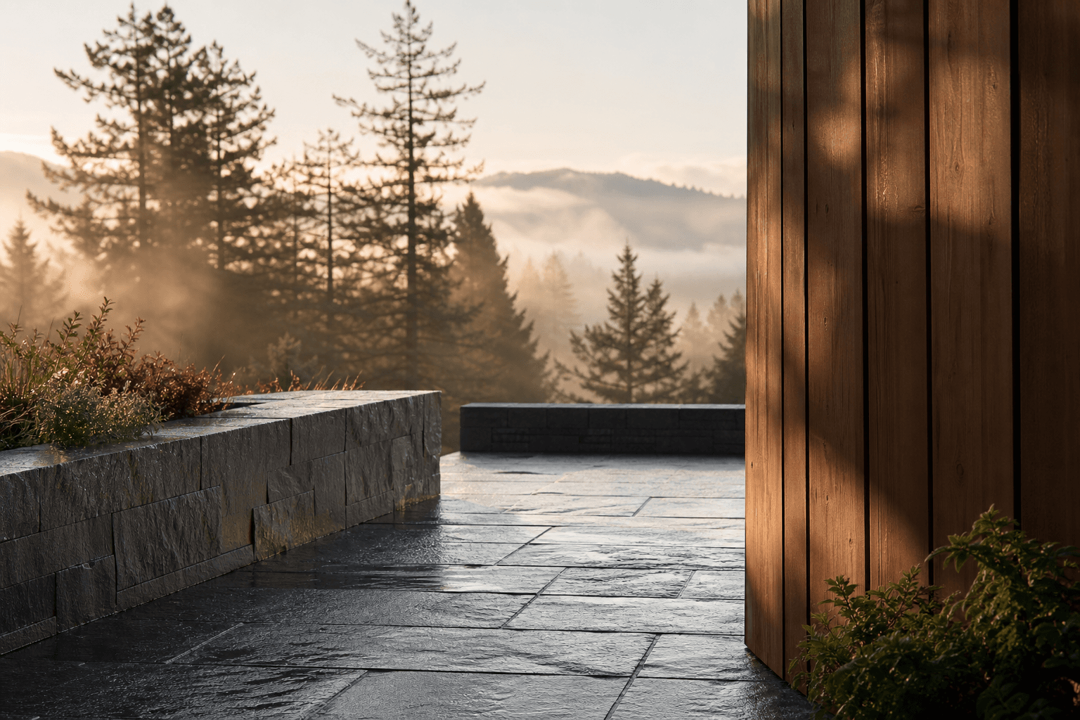Stone terrace at Pacific Northwest dawn